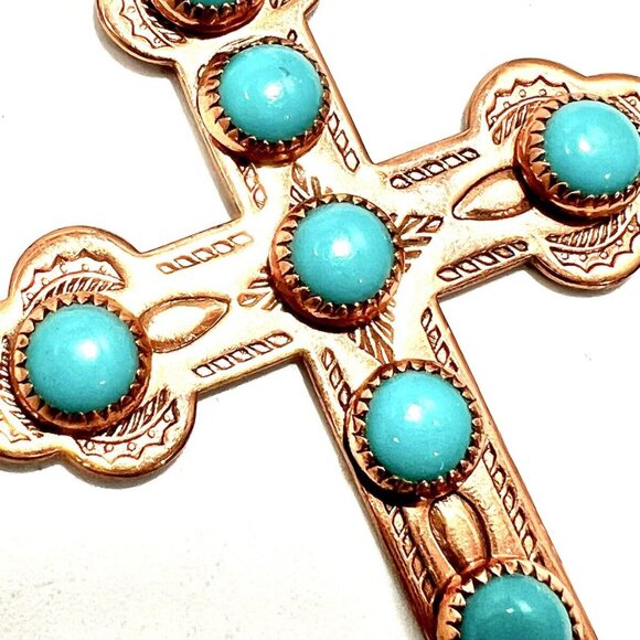 3" Tall BELL TRADING POST Navajo Cross Pendant Necklace REAL Turquoise Native - Picture 1 of 17